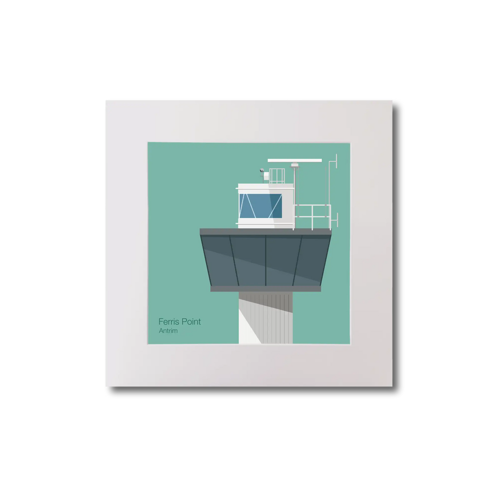 Illustration of Ferris_Point lighthouse on an ocean green background, mounted and measuring 20x20cm.