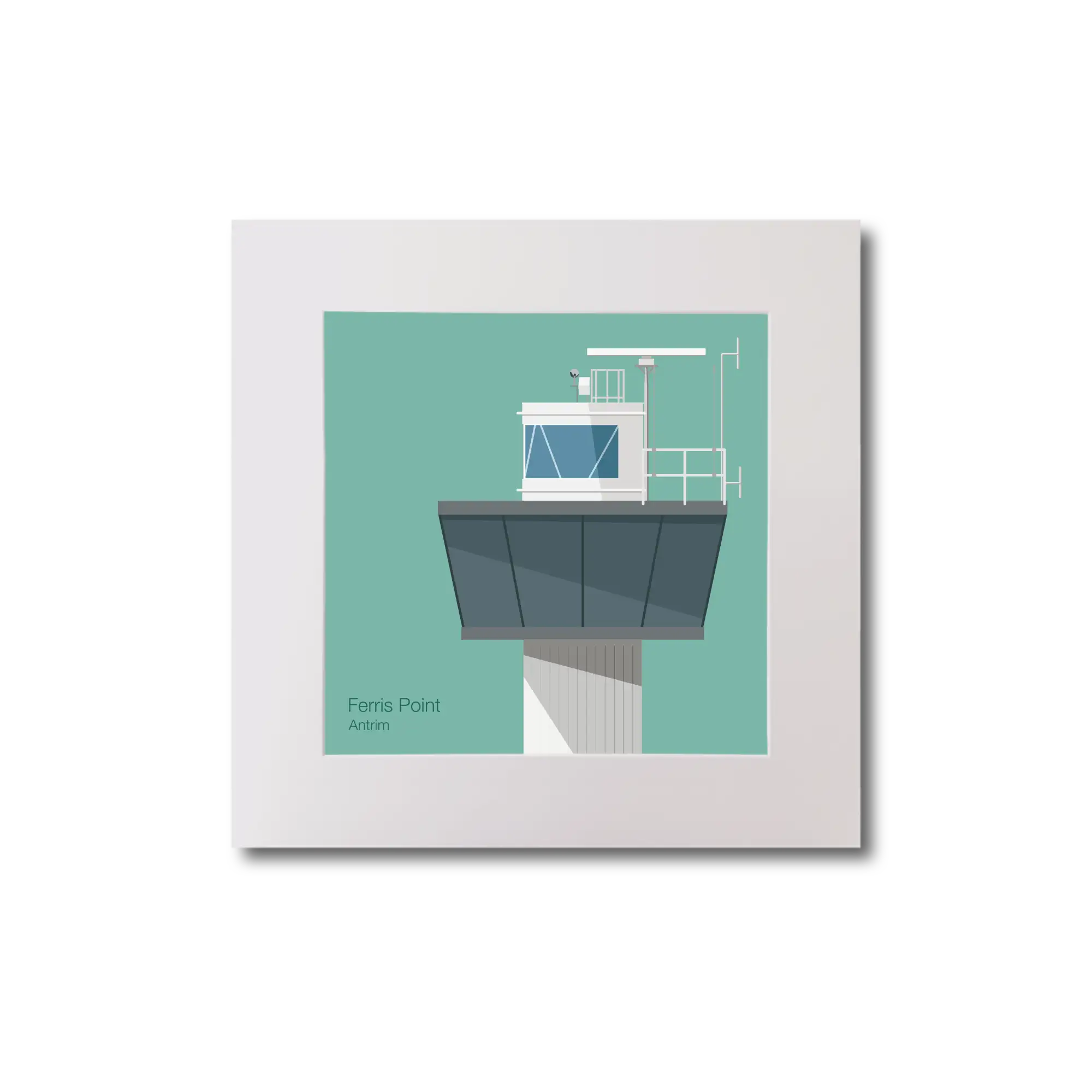 Illustration of Ferris_Point lighthouse on an ocean green background, mounted and measuring 20x20cm.