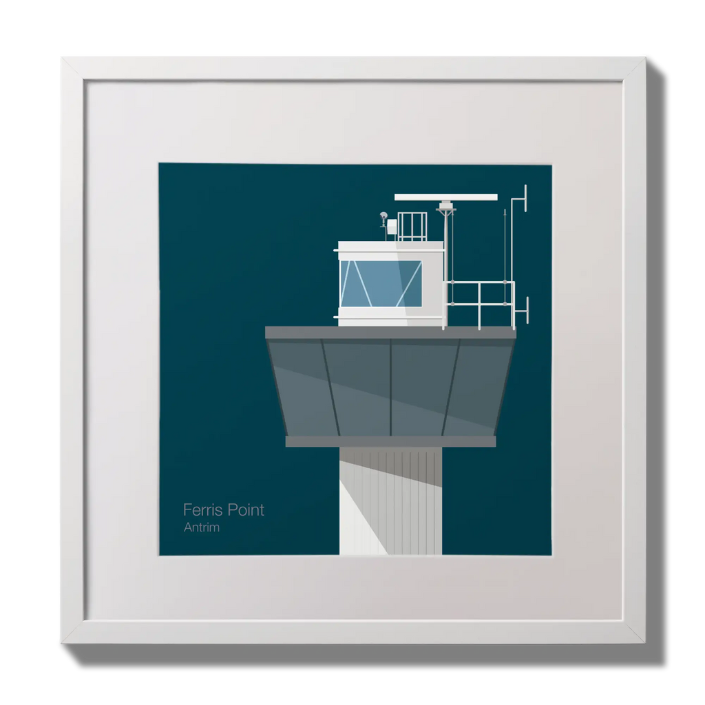Illustration of Ferris Point lighthouse on a midnight blue background,  in a white square frame measuring 30x30cm.