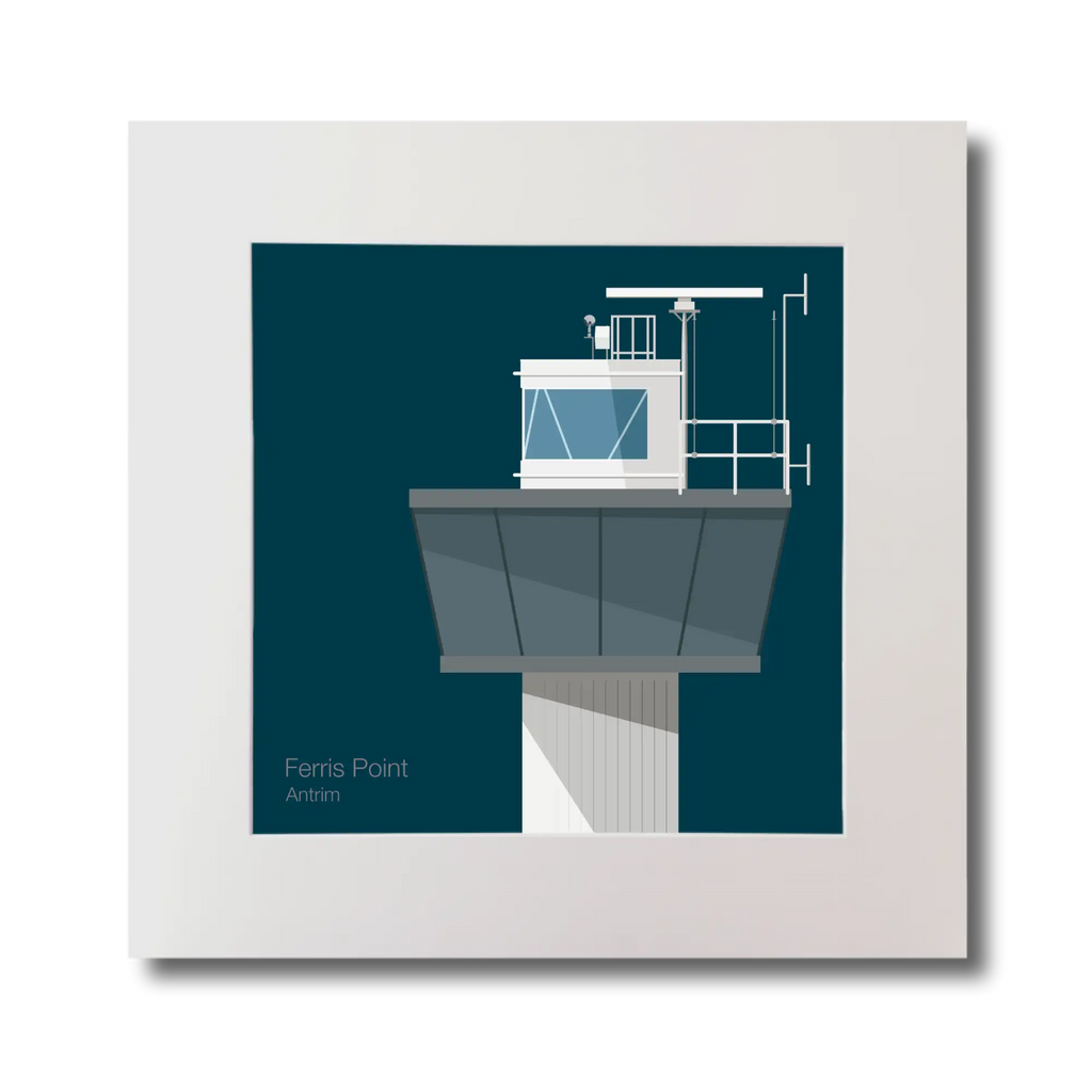 Illustration of Ferris Point lighthouse on a midnight blue background, mounted and measuring 30x30cm.