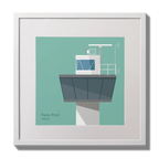 Illustration of Ferris Point lighthouse on an ocean green background,  in a white square frame measuring 30x30cm.
