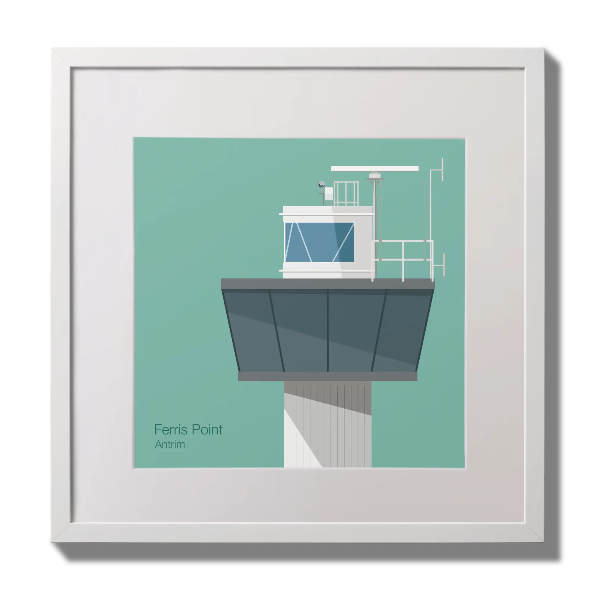 Illustration of Ferris Point lighthouse on an ocean green background,  in a white square frame measuring 30x30cm.
