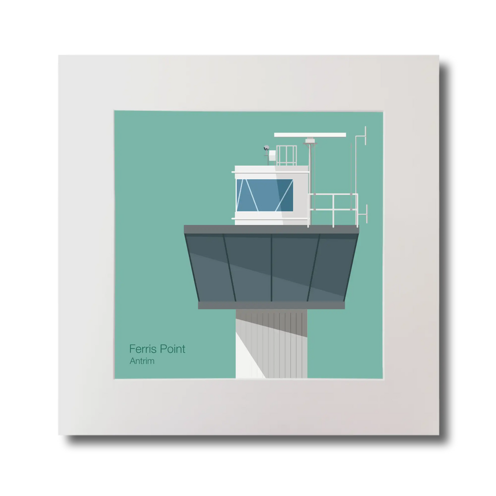 Illustration of Ferris Point lighthouse on an ocean green background, mounted and measuring 30x30cm.