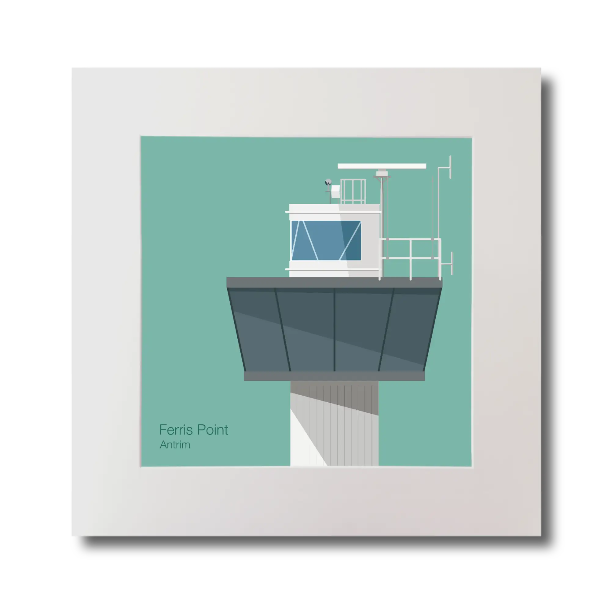 Illustration of Ferris Point lighthouse on an ocean green background, mounted and measuring 30x30cm.