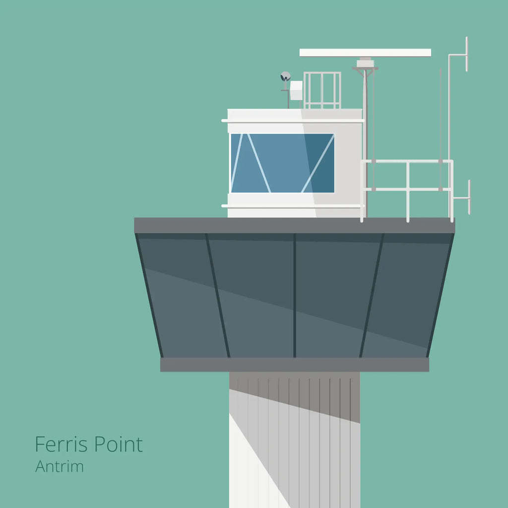 Illustration of Ferris Point lighthouse on an ocean green background