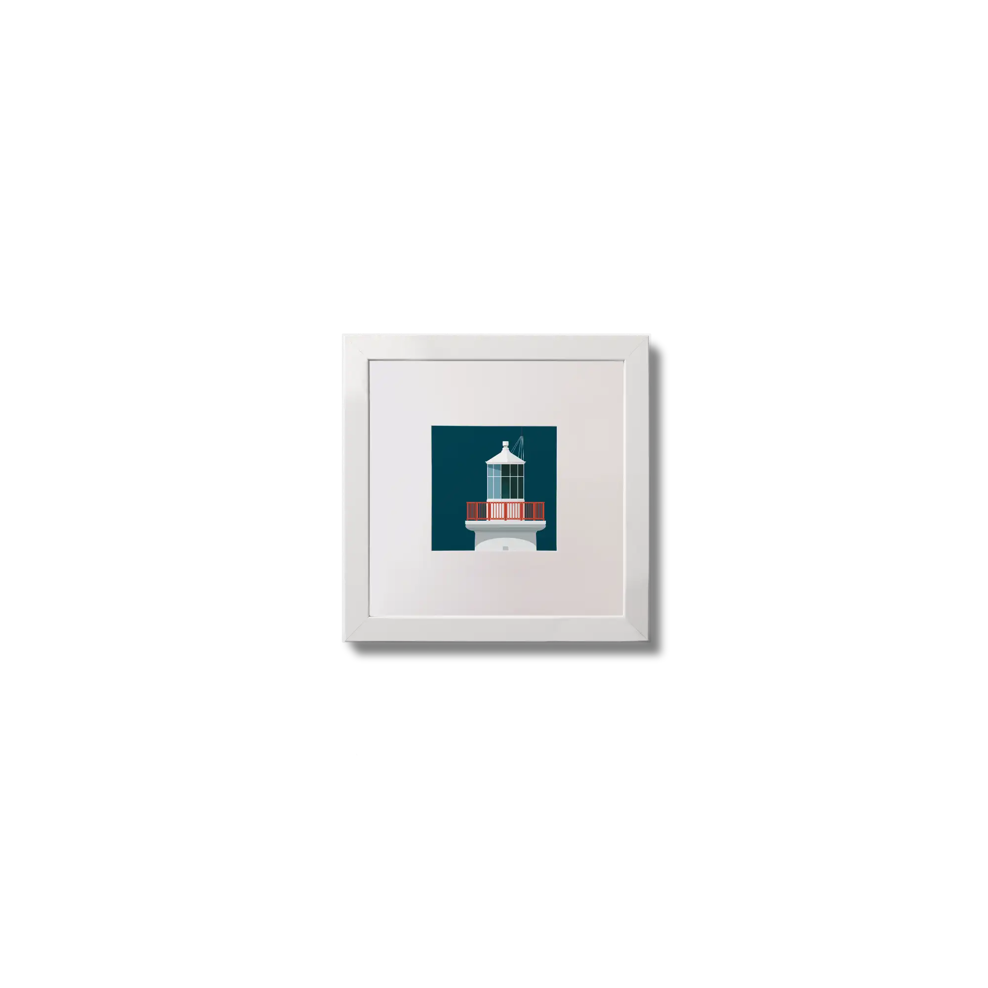 Contemporary wall art of Scattery Island lighthouse on a midnight blue background,  in a white square frame measuring 10x10cm.