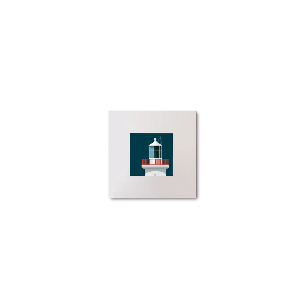 Illustration of Scattery Island lighthouse on a midnight blue background, mounted and measuring 10x10cm.