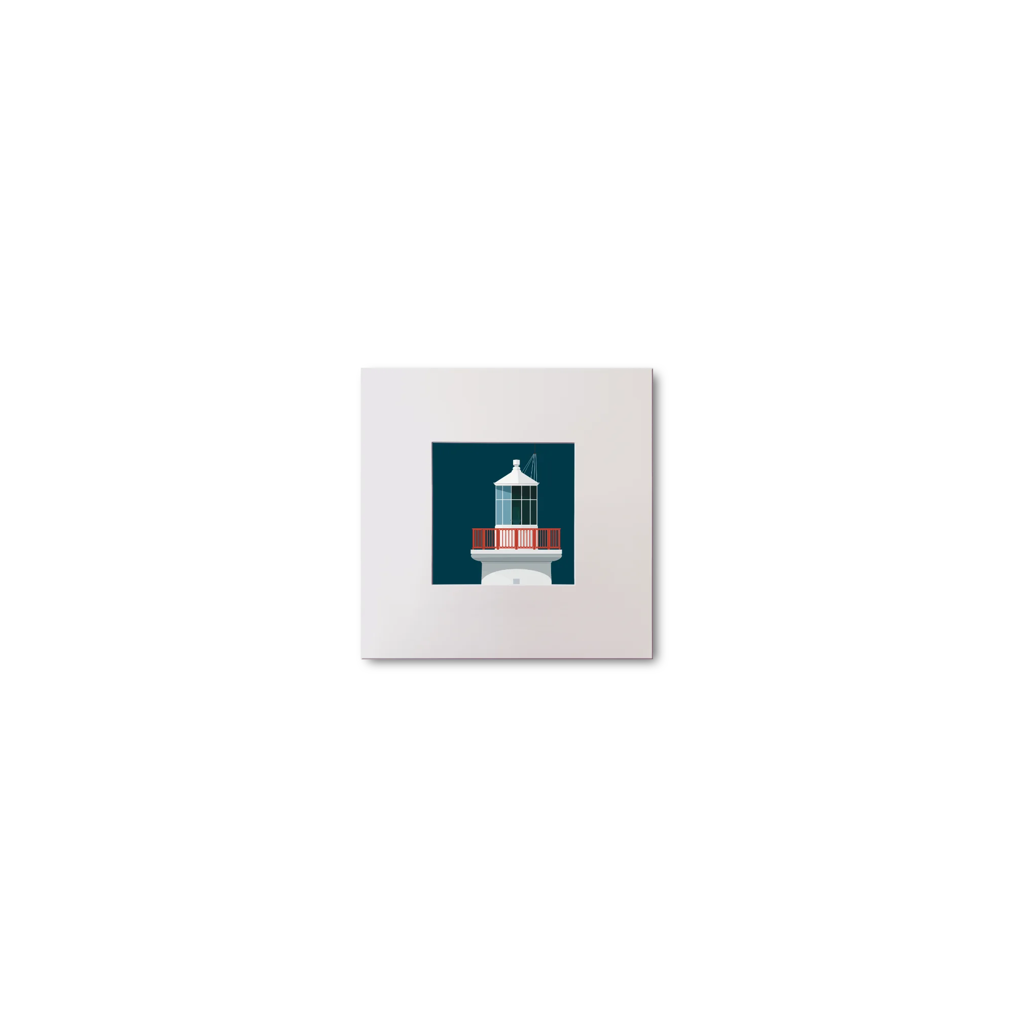 Illustration of Scattery Island lighthouse on a midnight blue background, mounted and measuring 10x10cm.