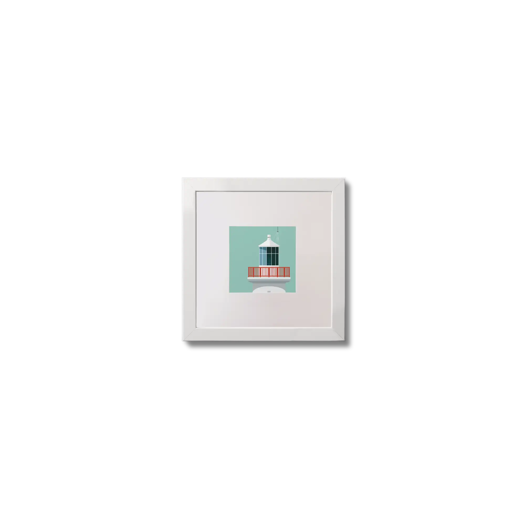 Illustration of Scattery Island lighthouse on an ocean green background,  in a white square frame measuring 10x10cm.