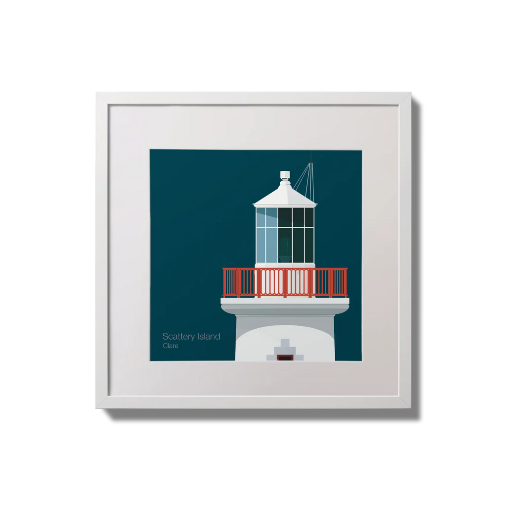 Framed wall art decoration of Scattery Island lighthouse on a midnight blue background,  in a white square frame measuring 20x20cm.