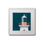 Framed wall art decoration of Scattery Island lighthouse on a midnight blue background,  in a white square frame measuring 20x20cm.