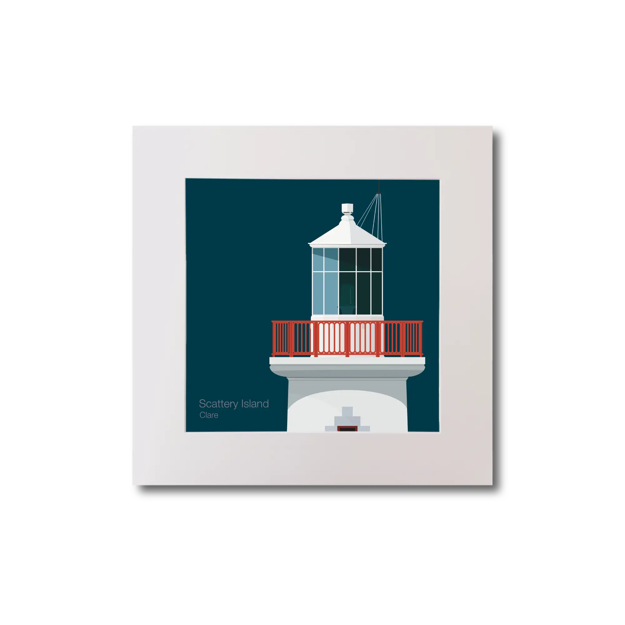 Illustration of Scattery Island lighthouse on a midnight blue background, mounted and measuring 20x20cm.