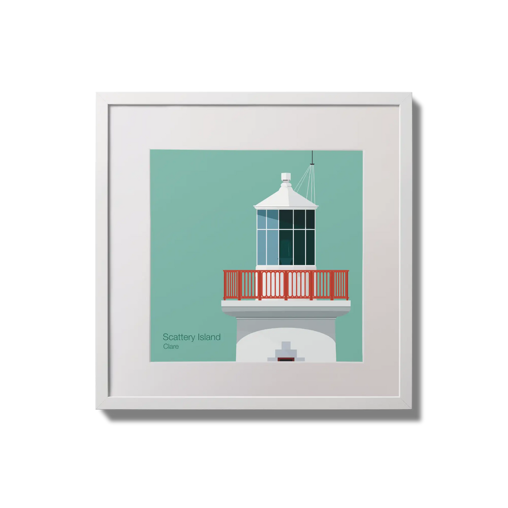 Contemporary wall hanging of Scattery Island lighthouse on an ocean green background,  in a white square frame measuring 20x20cm.