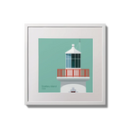 Contemporary wall hanging of Scattery Island lighthouse on an ocean green background,  in a white square frame measuring 20x20cm.