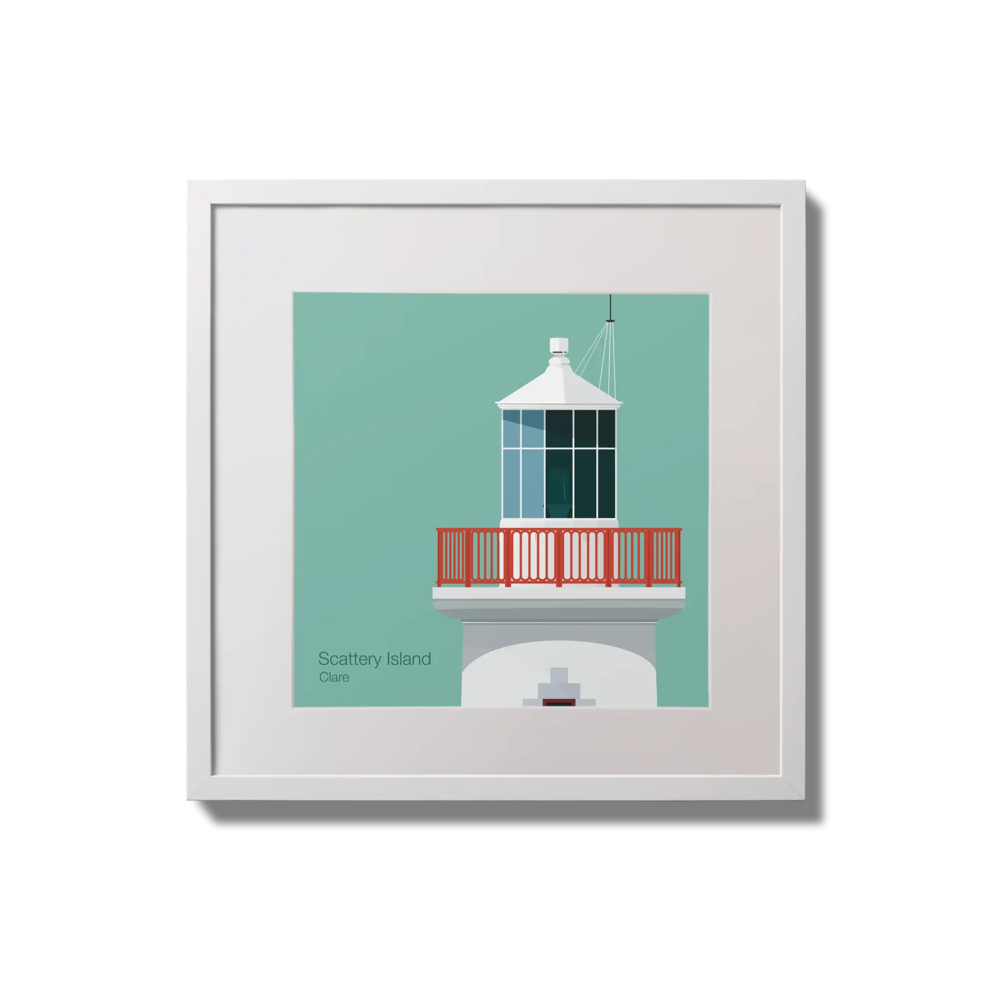 Contemporary wall hanging of Scattery Island lighthouse on an ocean green background,  in a white square frame measuring 20x20cm.