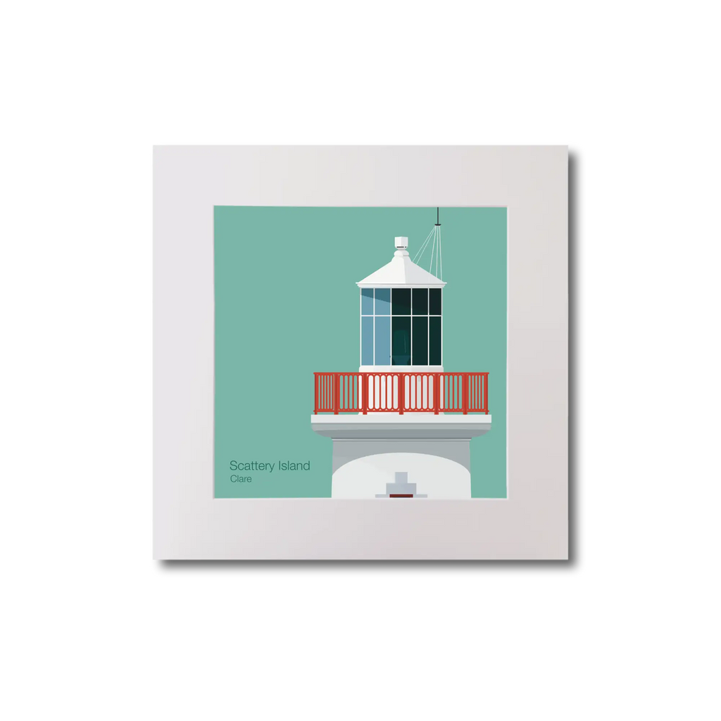 Illustration of Scattery_Island lighthouse on an ocean green background, mounted and measuring 20x20cm.