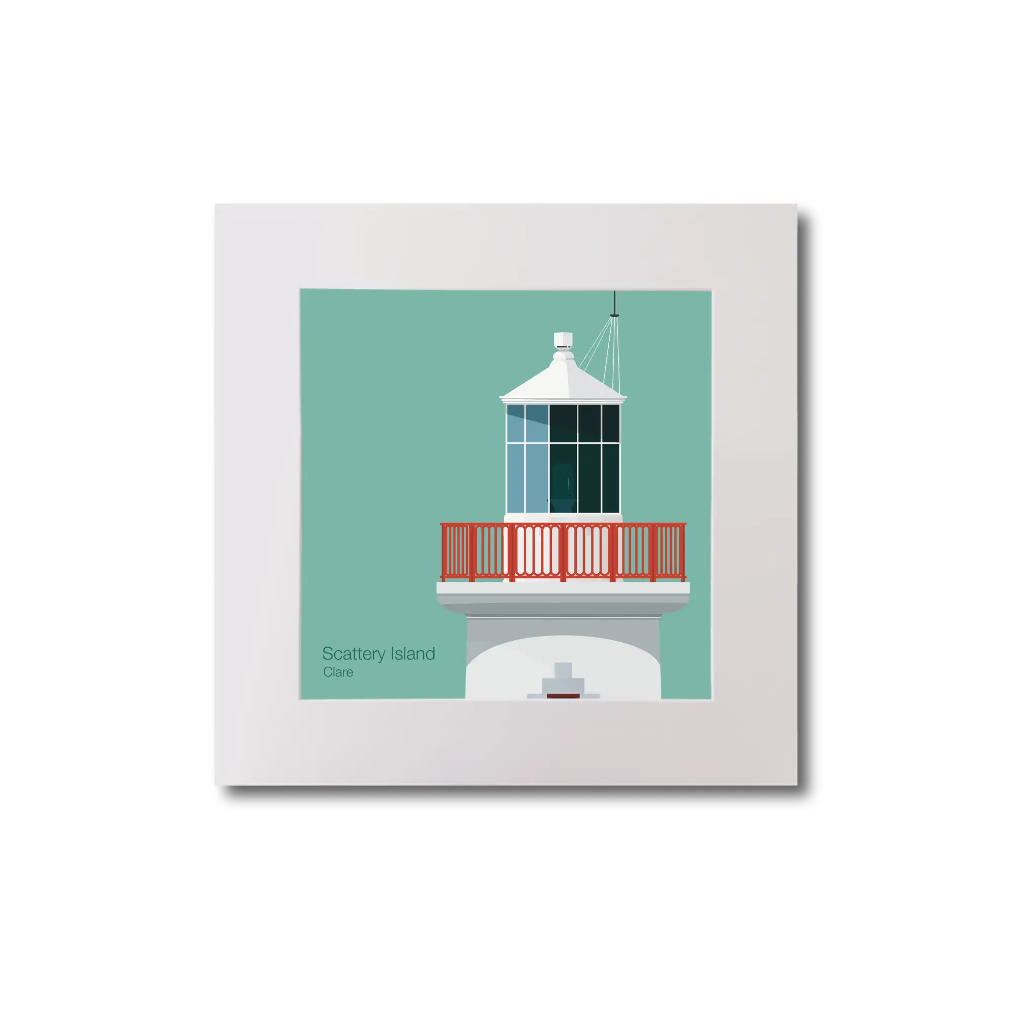 Illustration of Scattery_Island lighthouse on an ocean green background, mounted and measuring 20x20cm.