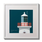 Illustration of Scattery Island lighthouse on a midnight blue background,  in a white square frame measuring 30x30cm.