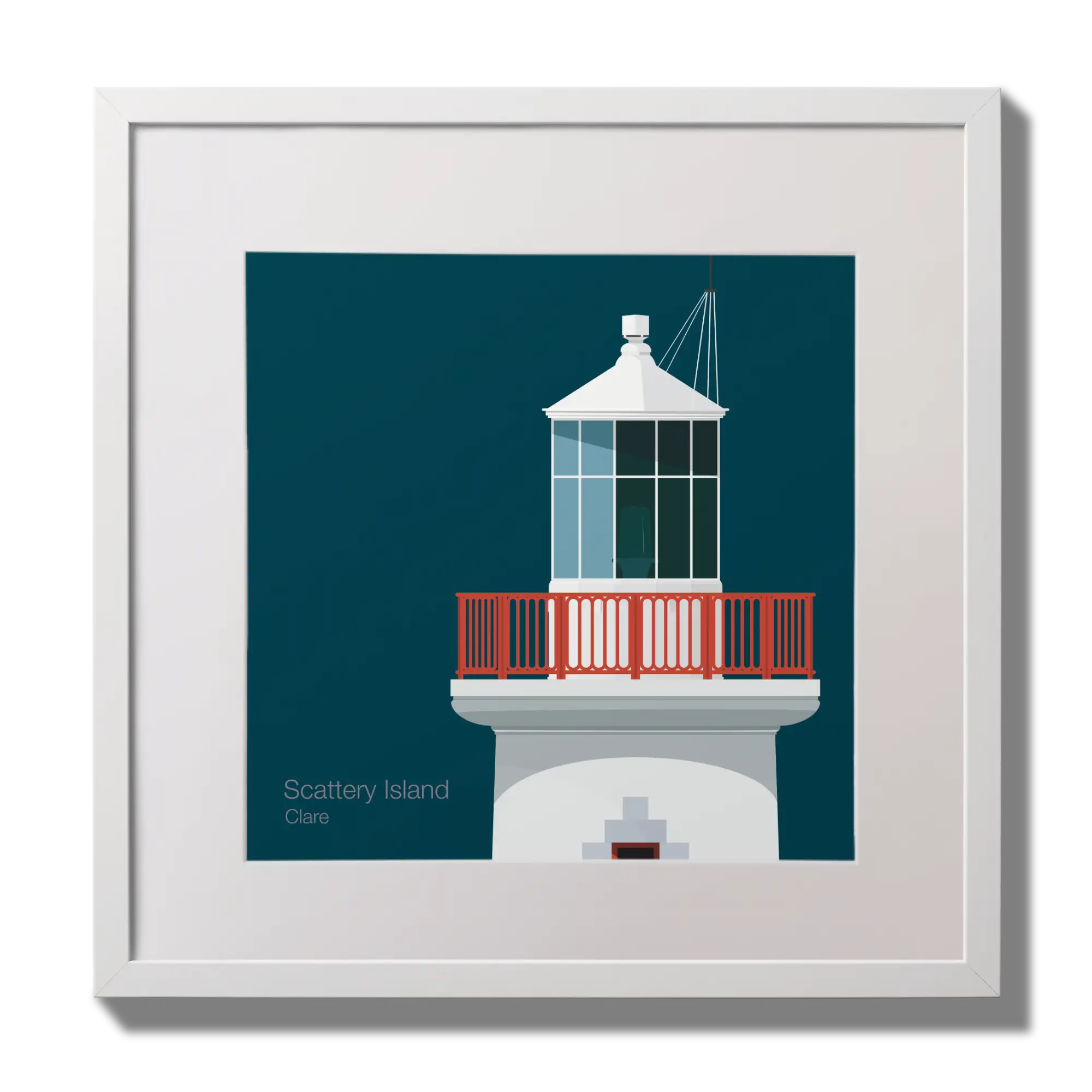 Illustration of Scattery Island lighthouse on a midnight blue background,  in a white square frame measuring 30x30cm.
