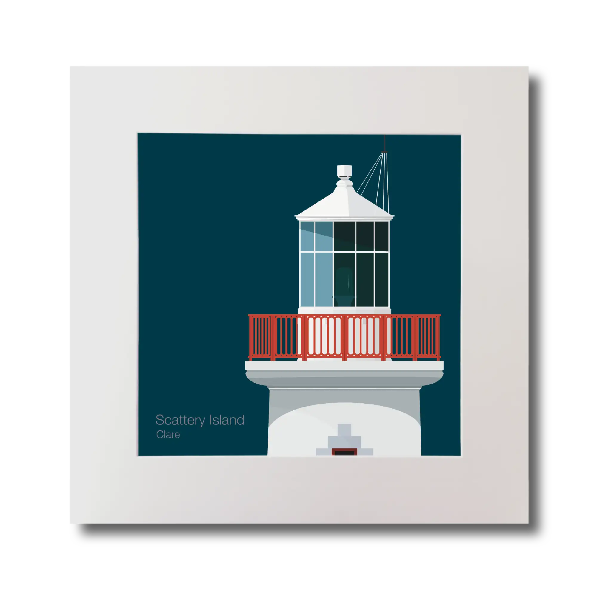 Illustration of Scattery Island lighthouse on a midnight blue background, mounted and measuring 30x30cm.
