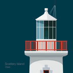 Illustration of Scattery_Island lighthouse on a midnight blue background
