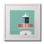Illustration of Scattery Island lighthouse on an ocean green background,  in a white square frame measuring 30x30cm.
