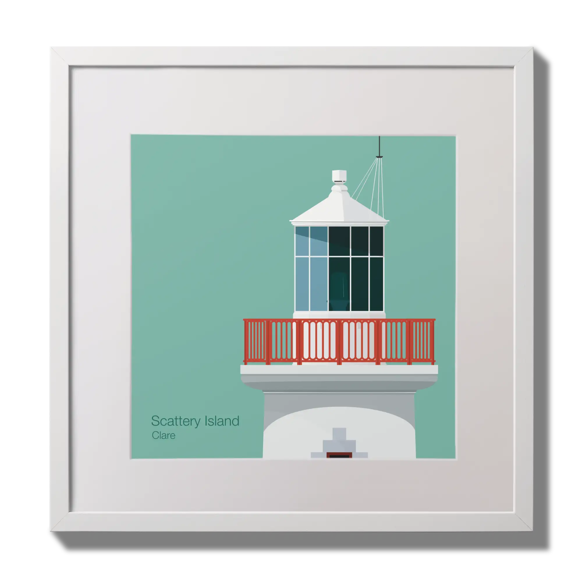 Illustration of Scattery Island lighthouse on an ocean green background,  in a white square frame measuring 30x30cm.