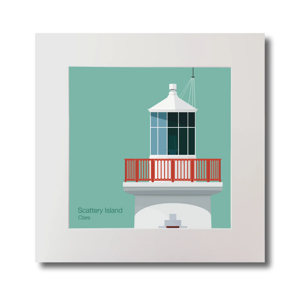 Illustration of Scattery Island lighthouse on an ocean green background, mounted and measuring 30x30cm.