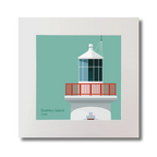 Illustration of Scattery Island lighthouse on an ocean green background, mounted and measuring 30x30cm.