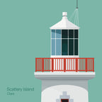 Illustration of Scattery Island lighthouse on an ocean green background