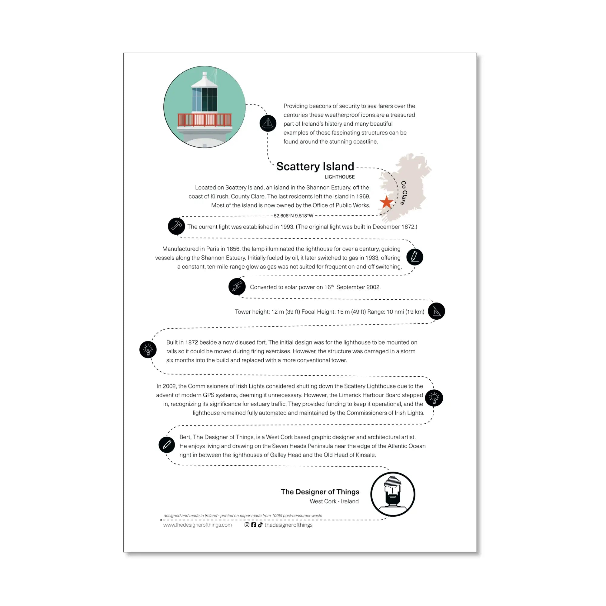 Scattery Island lighthouse, County Clare, Ireland info sheet