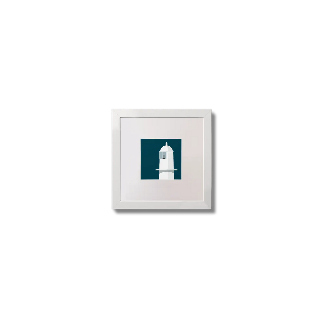 Contemporary wall art of Barrack Point lighthouse on a midnight blue background,  in a white square frame measuring 10x10cm.