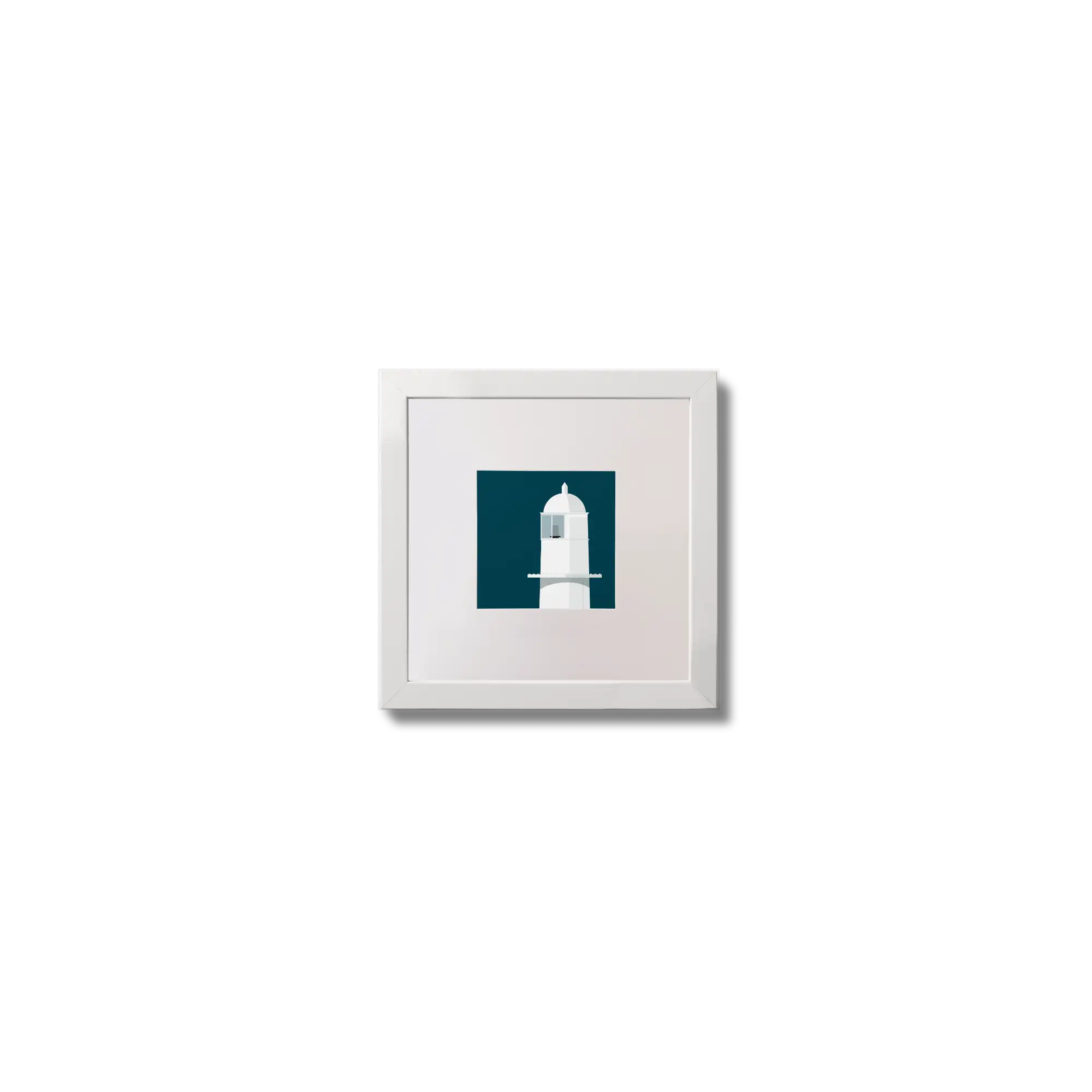 Contemporary wall art of Barrack Point lighthouse on a midnight blue background,  in a white square frame measuring 10x10cm.