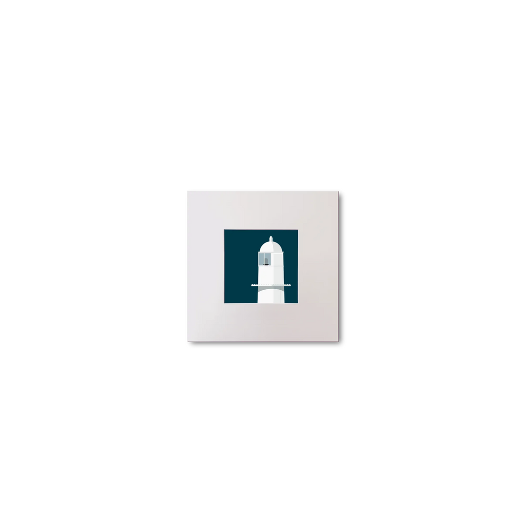 Illustration of Barrack Point lighthouse on a midnight blue background, mounted and measuring 10x10cm.