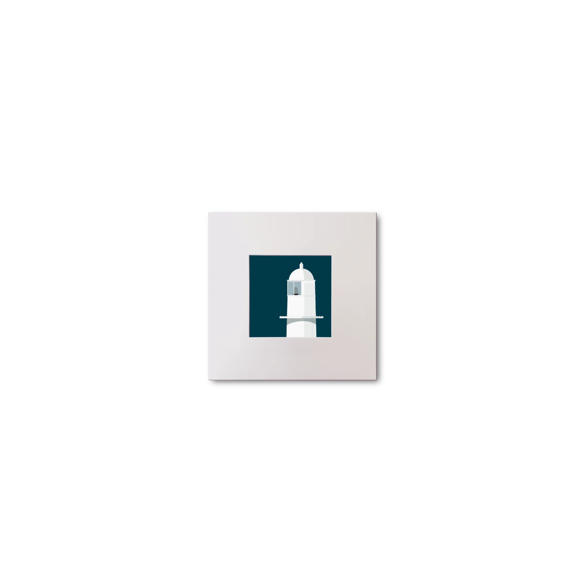 Illustration of Barrack Point lighthouse on a midnight blue background, mounted and measuring 10x10cm.