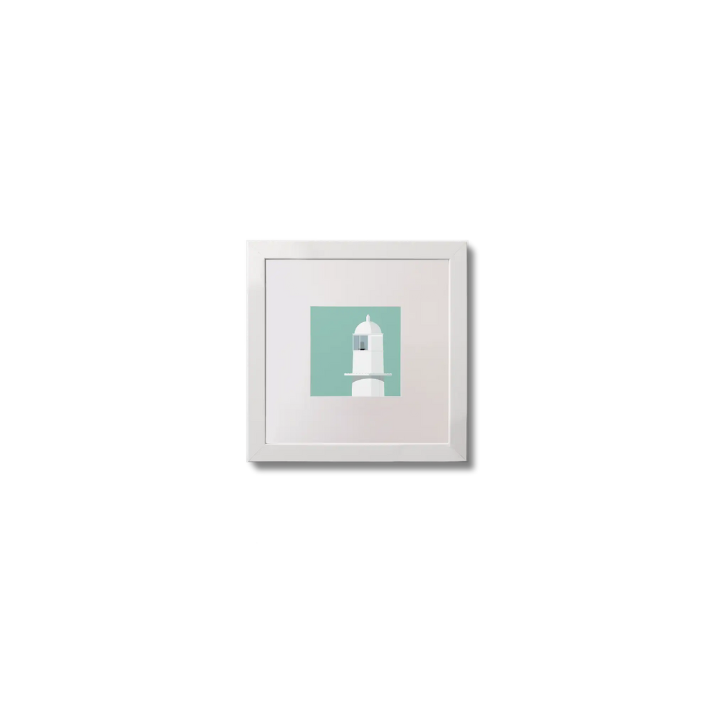 Illustration of Barrack Point lighthouse on an ocean green background,  in a white square frame measuring 10x10cm.