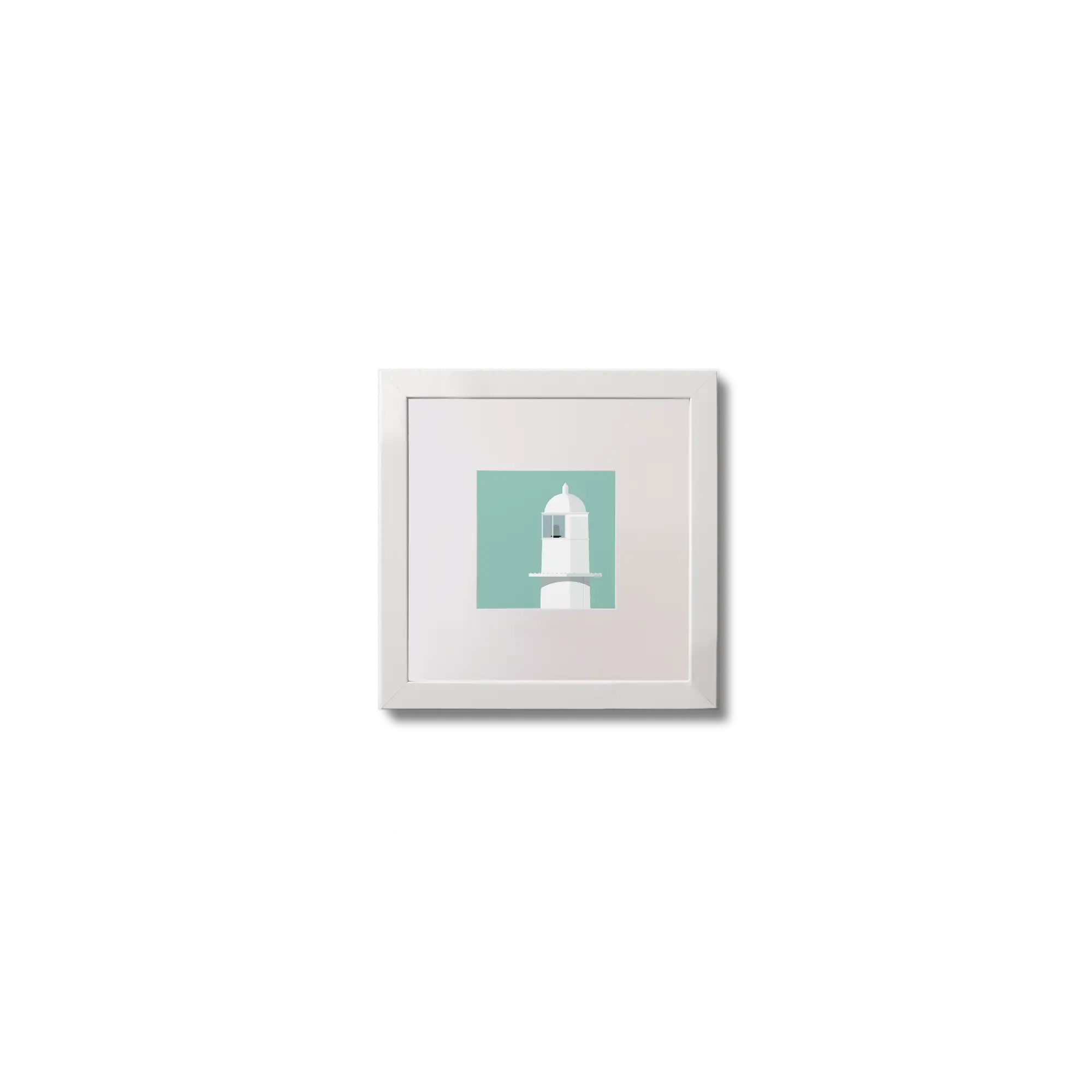 Illustration of Barrack Point lighthouse on an ocean green background,  in a white square frame measuring 10x10cm.
