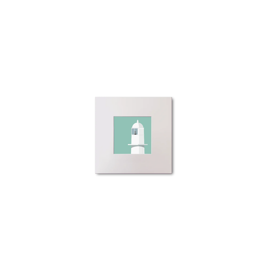 Illustration of Barrack Point lighthouse on an ocean green background, mounted and measuring 10x10cm.