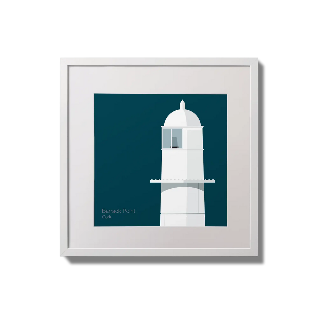 Framed wall art decoration of Barrack Point lighthouse on a midnight blue background,  in a white square frame measuring 20x20cm.