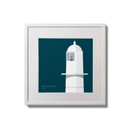 Framed wall art decoration of Barrack Point lighthouse on a midnight blue background,  in a white square frame measuring 20x20cm.
