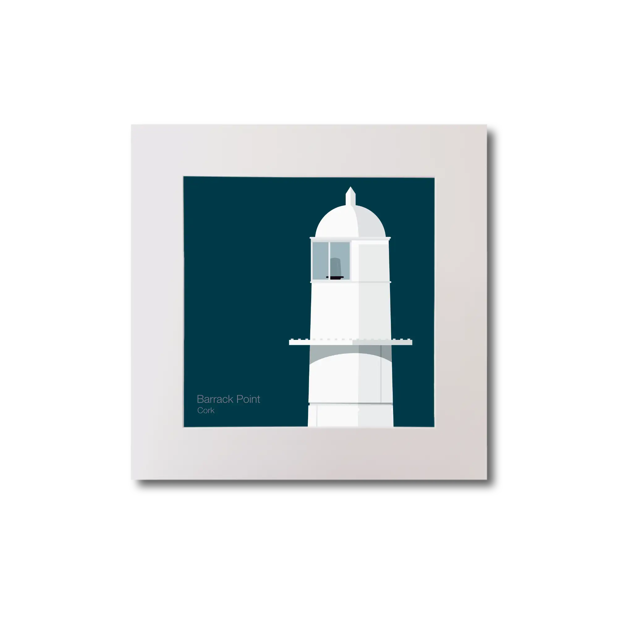 Illustration of Barrack Point lighthouse on a midnight blue background, mounted and measuring 20x20cm.