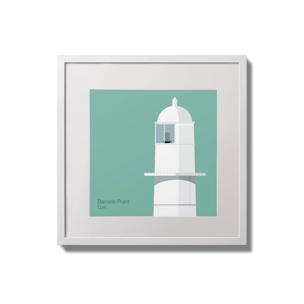 Contemporary wall hanging of Barrack Point lighthouse on an ocean green background,  in a white square frame measuring 20x20cm.