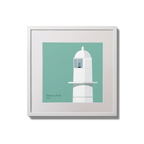 Contemporary wall hanging of Barrack Point lighthouse on an ocean green background,  in a white square frame measuring 20x20cm.