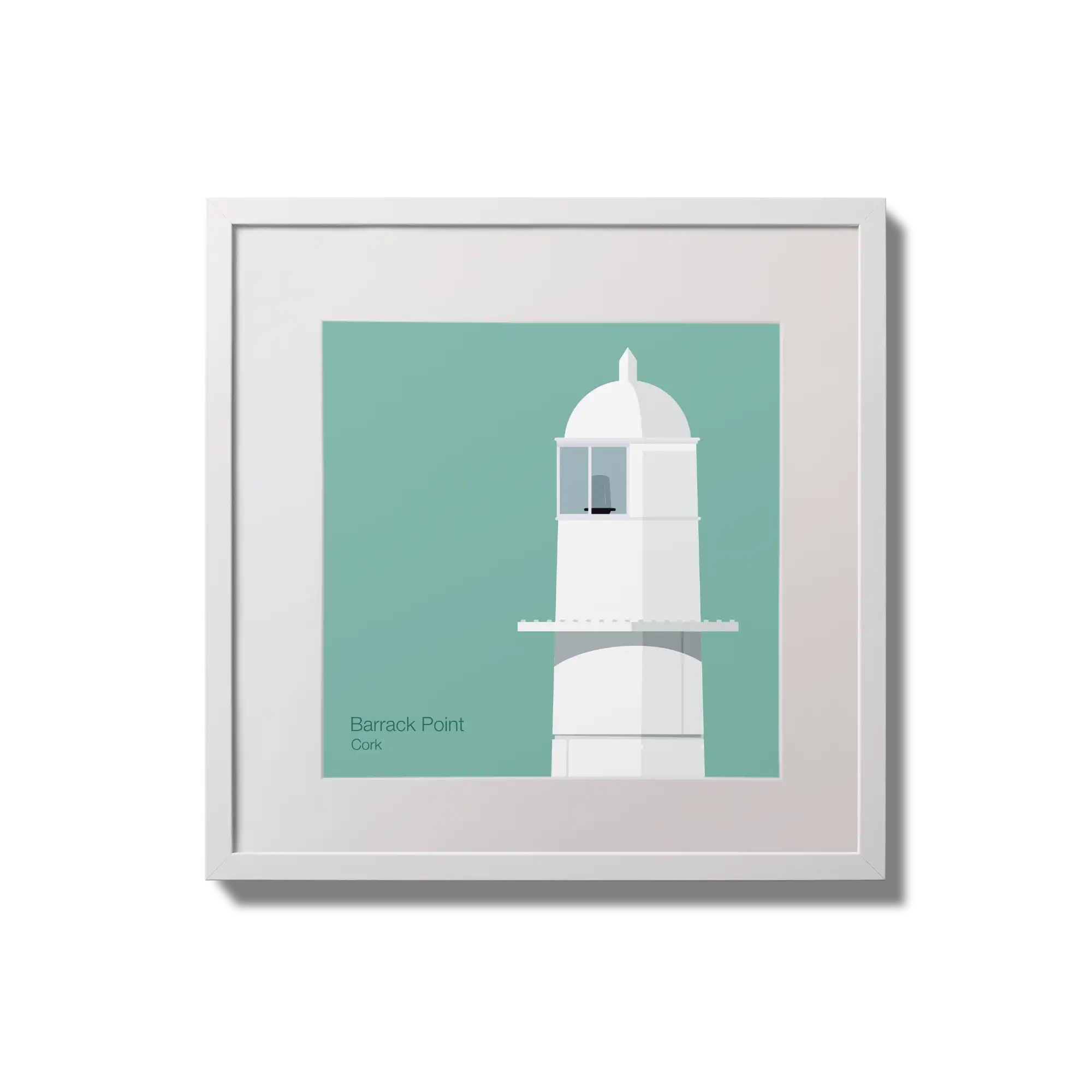 Contemporary wall hanging of Barrack Point lighthouse on an ocean green background,  in a white square frame measuring 20x20cm.