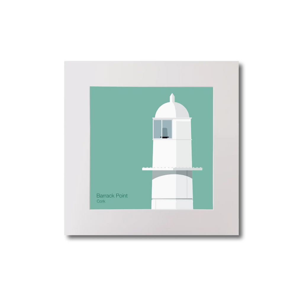 Illustration of Barrack_Point lighthouse on an ocean green background, mounted and measuring 20x20cm.