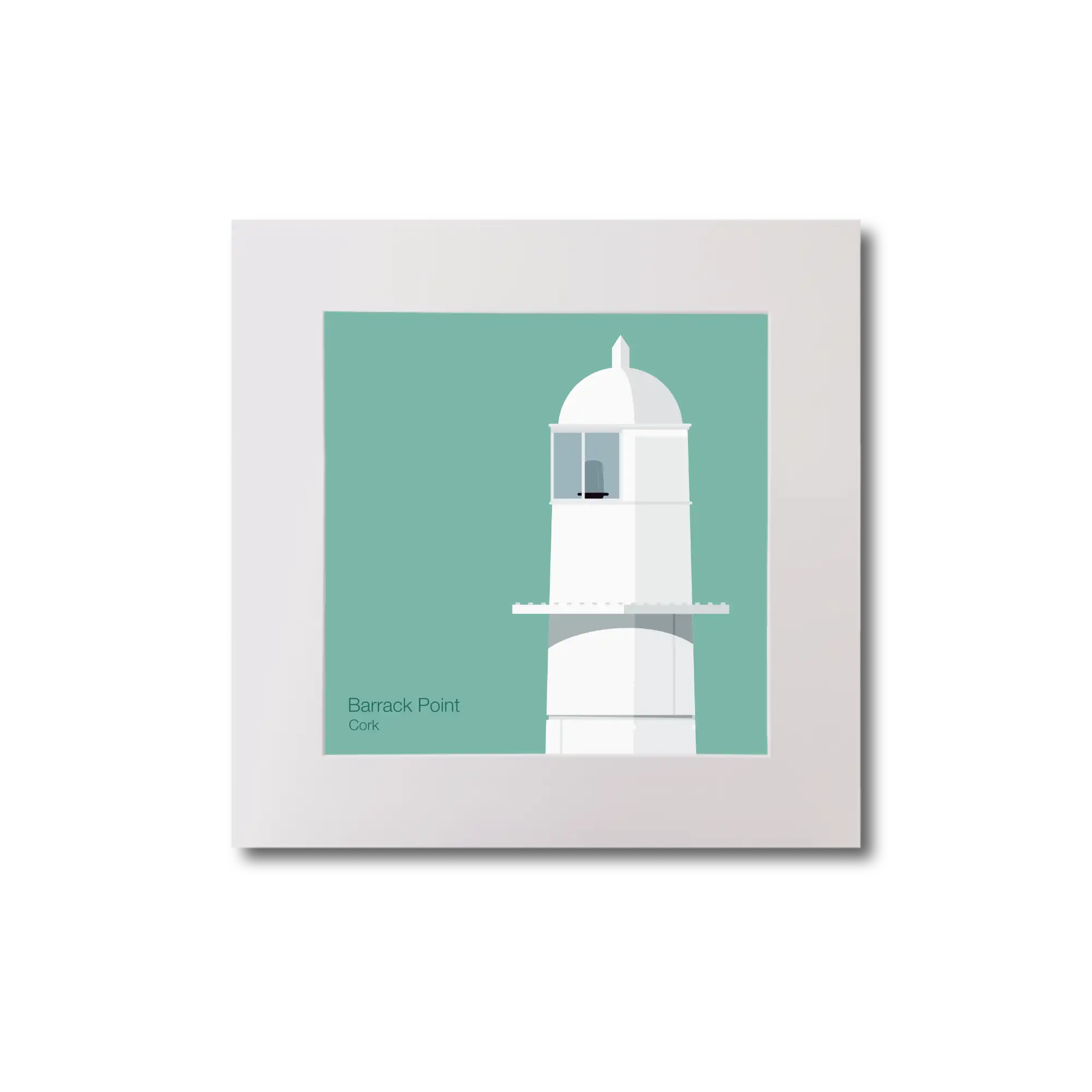 Illustration of Barrack_Point lighthouse on an ocean green background, mounted and measuring 20x20cm.