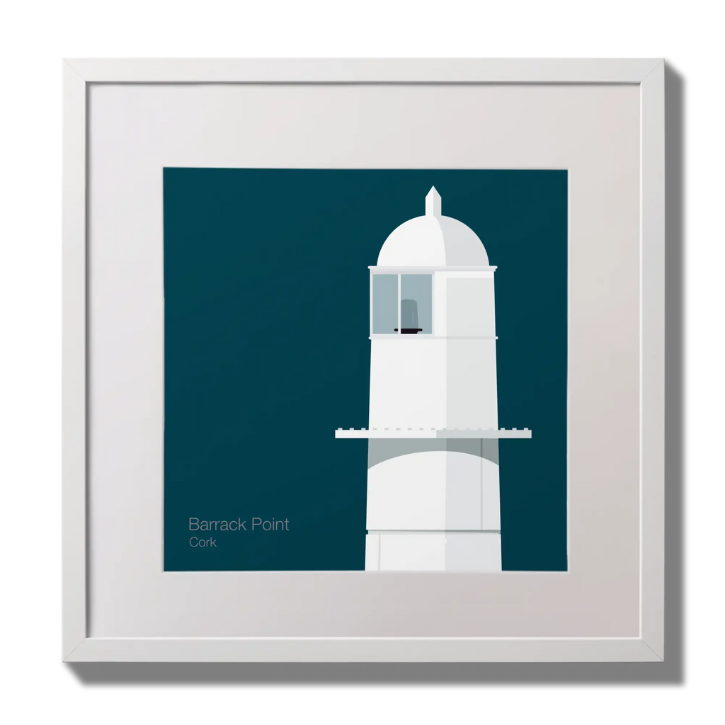 Illustration of Barrack Point lighthouse on a midnight blue background,  in a white square frame measuring 30x30cm.