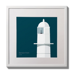 Illustration of Barrack Point lighthouse on a midnight blue background,  in a white square frame measuring 30x30cm.