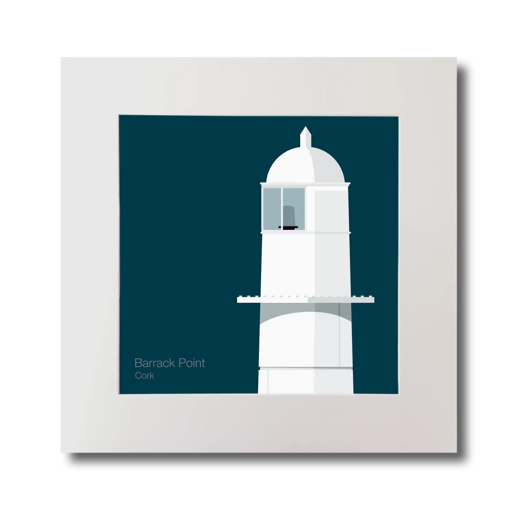Illustration of Barrack Point lighthouse on a midnight blue background, mounted and measuring 30x30cm.