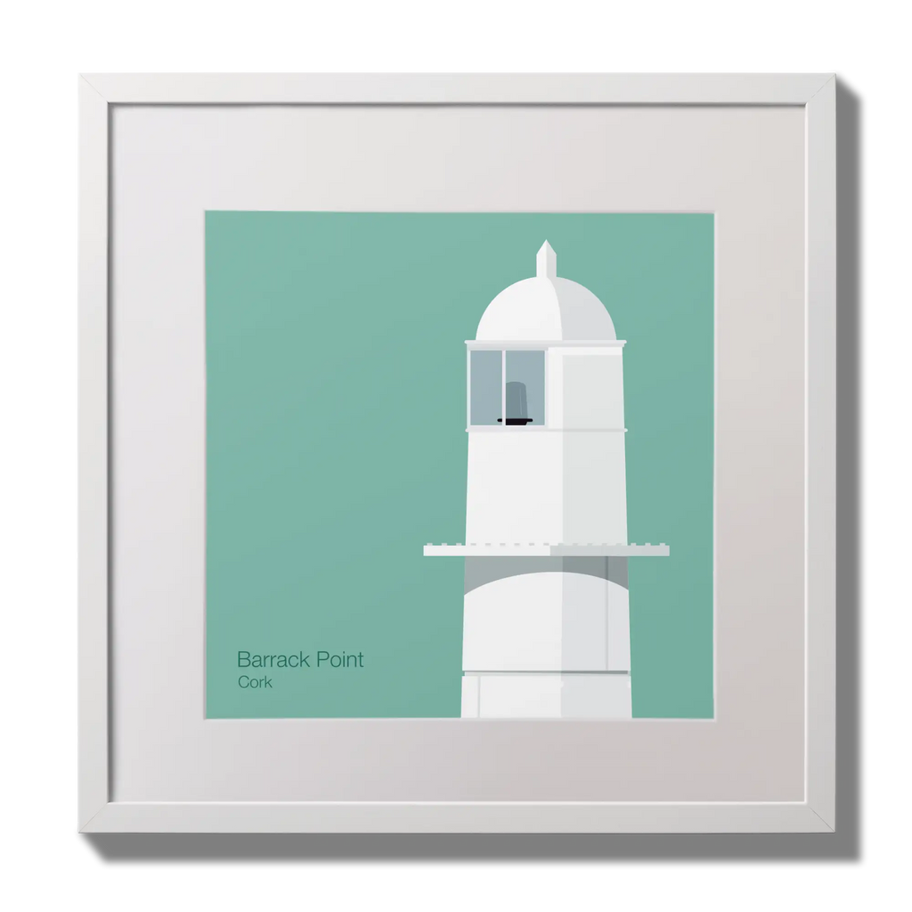 Illustration of Barrack Point lighthouse on an ocean green background,  in a white square frame measuring 30x30cm.